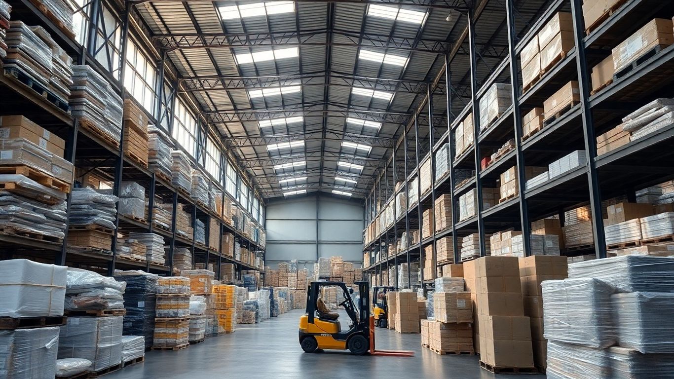 Sufferance Warehouse Licence | 190+ 5-Star Reviews 1 Interior of a large warehouse with goods and forklifts.