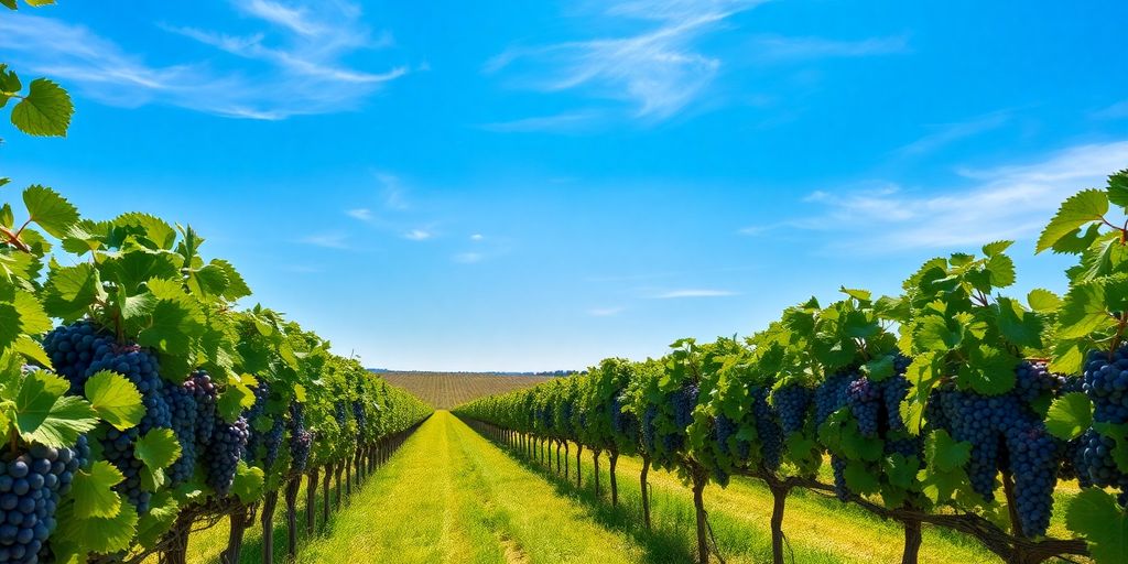 Get Winery License | How to Start a Winery in Ontario 2 Vineyard rows with ripe grapes under blue sky.